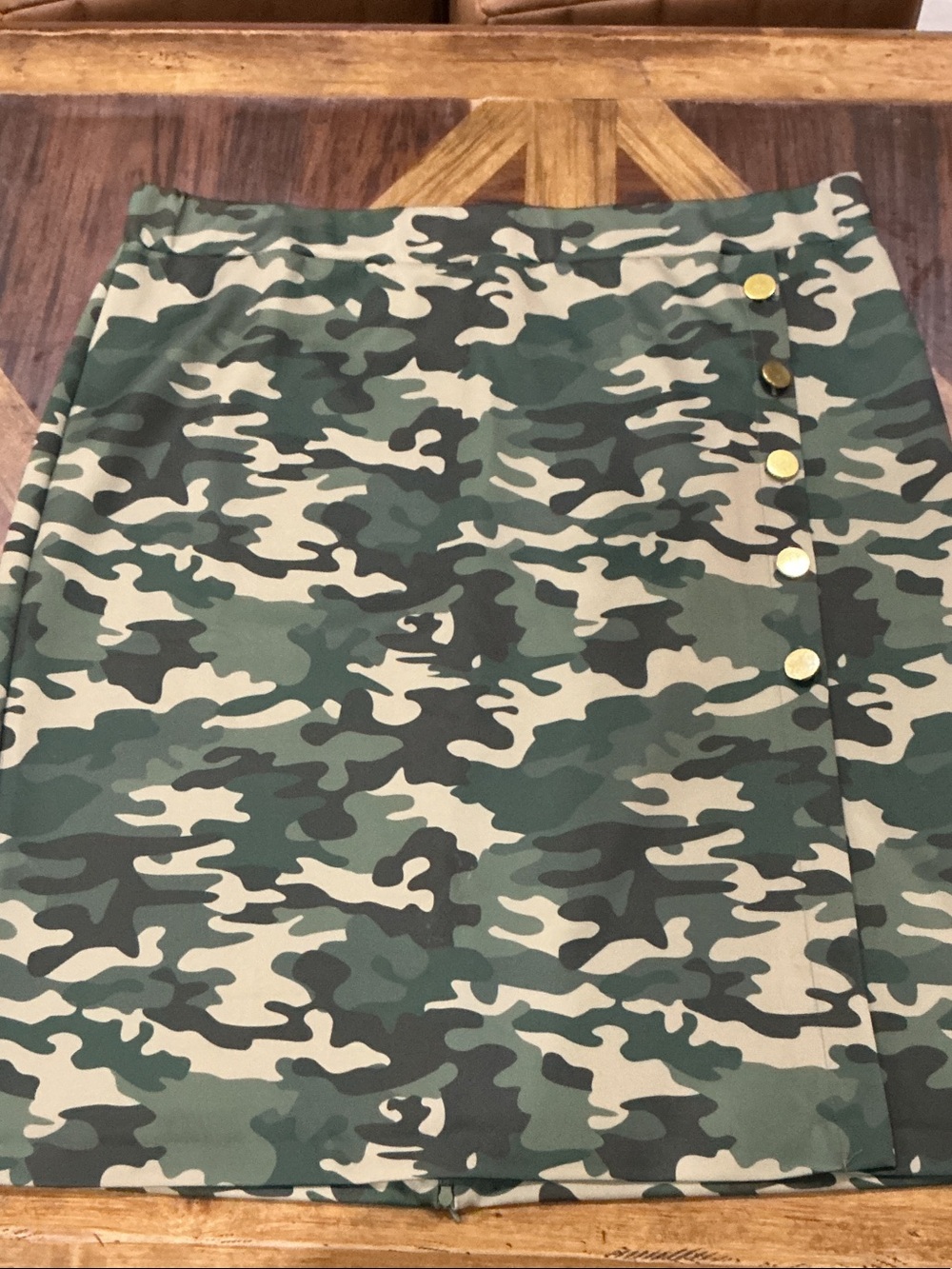 Eloquii plus size Green and Cream Camo Mini Skirt with Gold Buttons